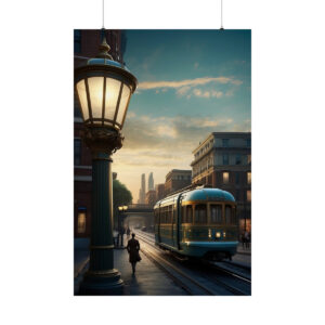 vintage streetcar passing through city at sunset with streetlamp poster