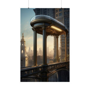 futuristic station platform above historic city buildings at sunset poster