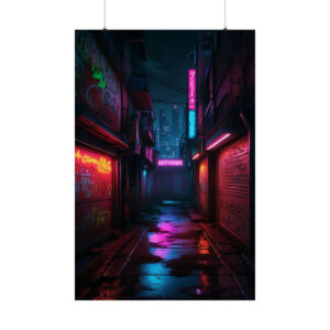 dark urban alley with neon pink, blue, and red lights reflecting off wet pavement and graffiti-covered walls