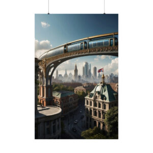 futuristic elevated train passing over a historic city with modern skyline poster