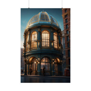 vintage domed building with glowing windows in city at dusk poster