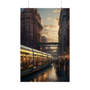 vintage city street with tram, people, and historic buildings at dusk poster