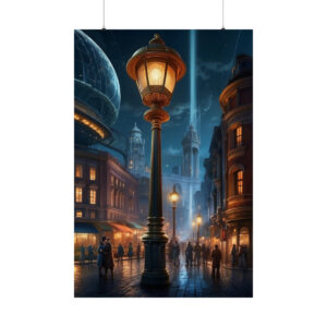 vintage city street at night with glowing streetlamps and historic buildings poster