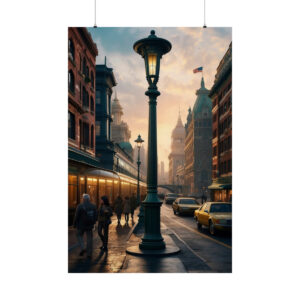 vintage city street scene with streetlamp, historic buildings, and people walking poster