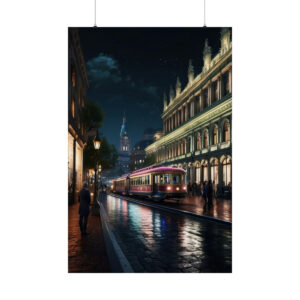 vintage street scene with a tram passing by illuminated buildings at night poster