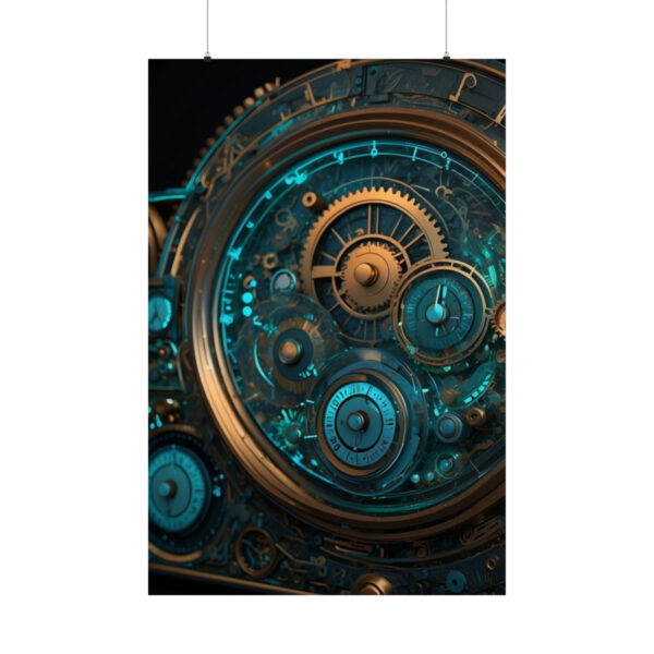 intricate steampunk gears and clockwork with glowing blue accents poster