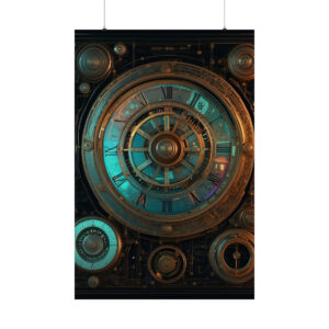 intricate steampunk clock with gears and glowing blue accents poster