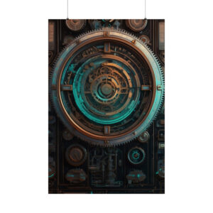 intricate steampunk time machine with large central gear and glowing accents poster