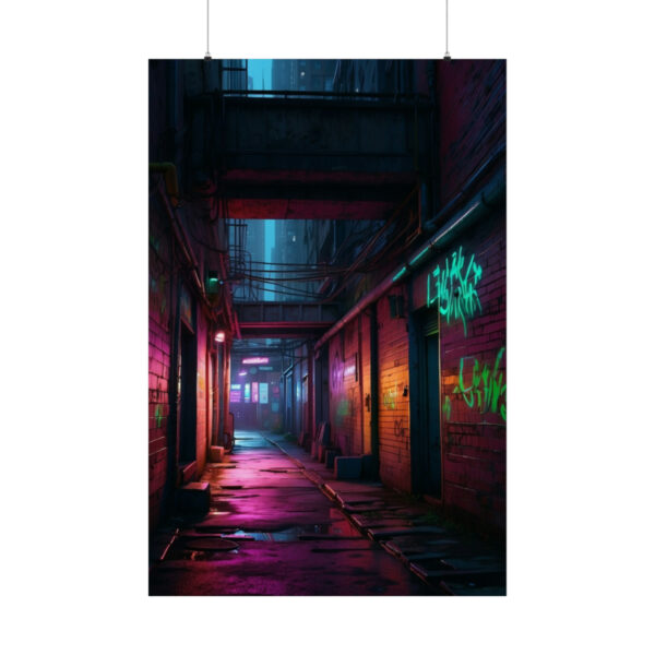 dark urban alley with neon pink and blue lights reflecting off wet pavement and graffiti-covered brick walls