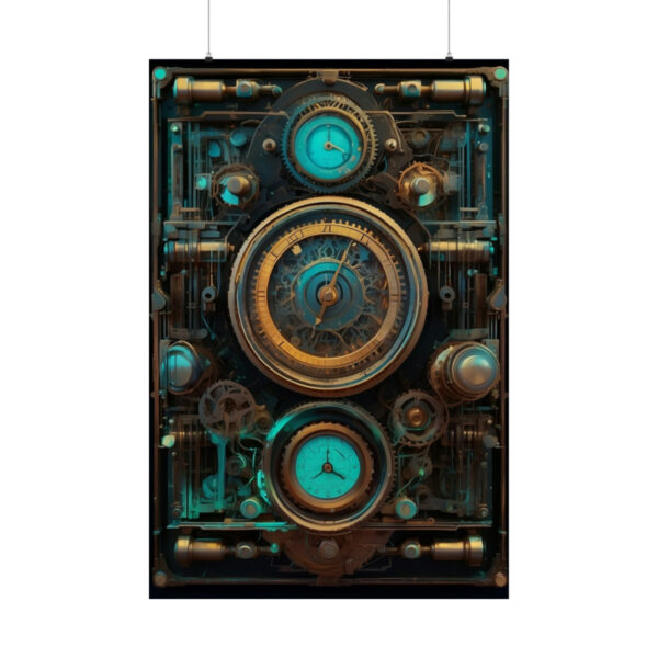 steampunk time machine with gears and glowing dials poster