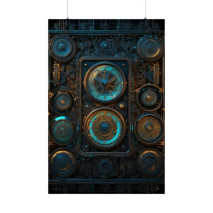 intricate time machine with gears and glowing dials poster