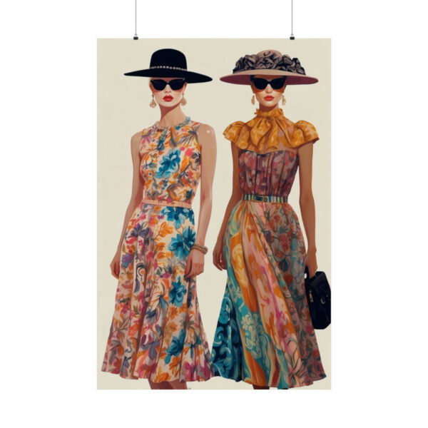 two women in elegant floral dresses with wide-brim hats poster