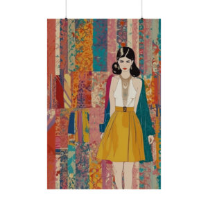 fashion illustration of woman in yellow skirt and colorful background poster