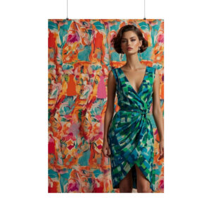 woman in vibrant green dress with colorful abstract background poster