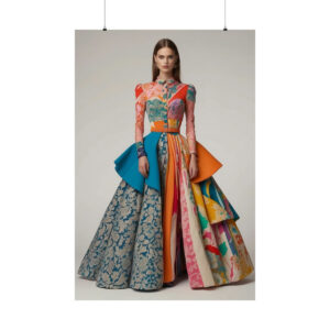 woman wearing colorful and artistic patchwork gown poster