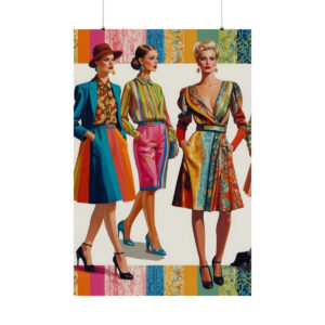 vibrant fashion illustration of women in colorful outfits poster