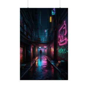 dark urban alley with neon pink and blue lights, graffiti-covered walls, and wet pavement reflecting light