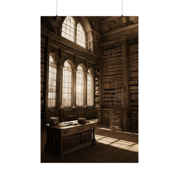 old library with large arched windows, wooden desk, and tall bookshelves poster