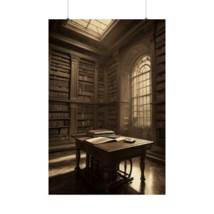 old library with wooden desk, bookshelves, and large arched window poster