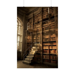 grand old library with wooden shelves and spiral staircase poster