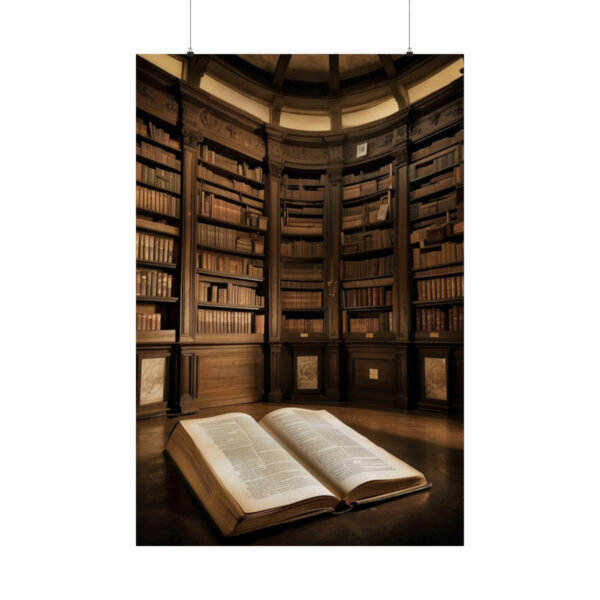 open book in an old library with wooden bookshelves poster