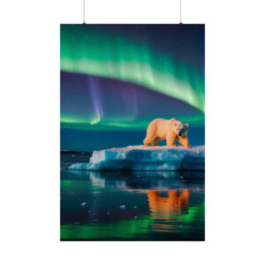 polar bear on ice with northern lights in the sky poster