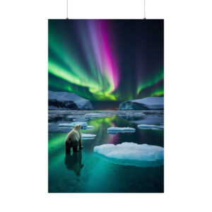 polar bear standing on ice with northern lights in the sky poster