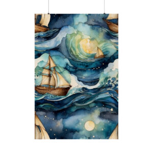 watercolor ships sailing through ocean waves under moonlit sky poster