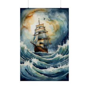 watercolor painting of ship sailing through stormy ocean waves poster