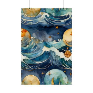 watercolor cosmic ocean waves with planets and stars poster