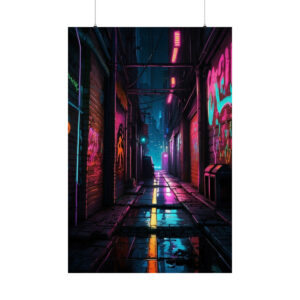 urban alley with neon pink, blue, and purple lights reflecting on wet pavement, graffiti-covered walls