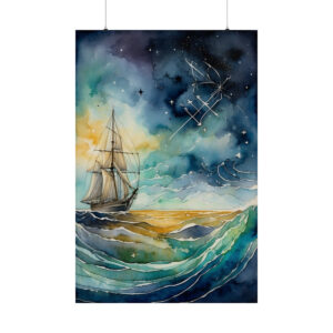 watercolor painting of a sailing ship on the ocean with starry sky poster