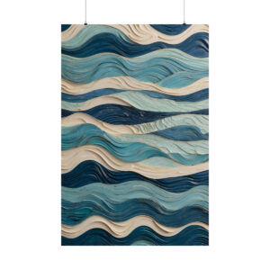 abstract wavy ocean lines in blue and beige poster