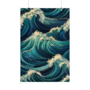 stylized crashing ocean waves in motion poster