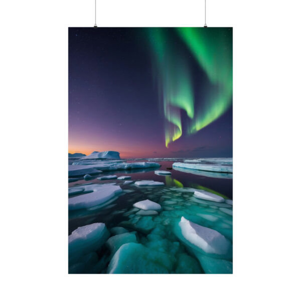 northern lights over icy landscape with floating icebergs poster