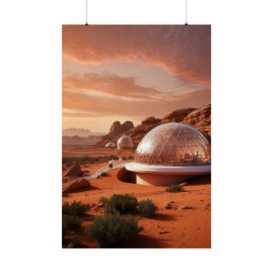 futuristic glass dome on Mars with sunset desert landscape poster