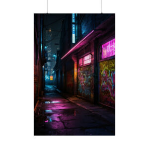 dark urban alley with neon pink and blue lights reflecting off wet pavement and graffiti-covered walls