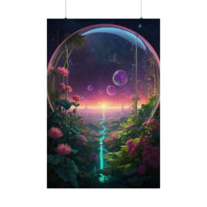 surreal sunset with flowers and bubbles in a dome poster