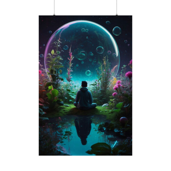 person sitting by water with glowing plants and large bubble poster