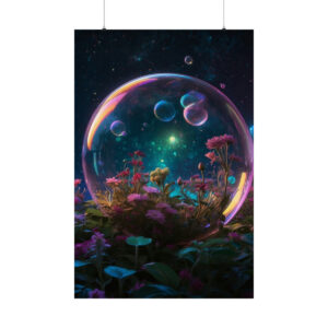 glowing flowers inside a bubble under starry sky poster