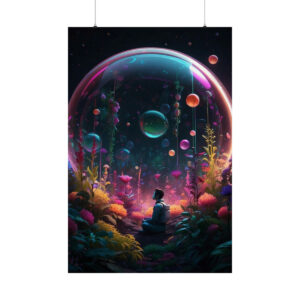 person in surreal garden with floating bubbles poster