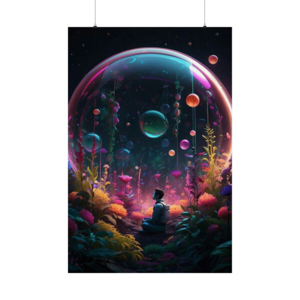 person in surreal garden with floating bubbles poster