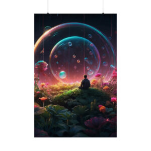 person sitting in magical garden with giant bubbles poster