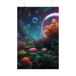 magical garden with floating bubbles and glowing plants poster