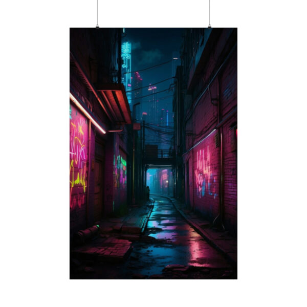 dark urban alley with neon pink and blue lights reflecting off wet pavement