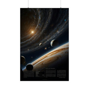 Jupiter with multiple moons and swirling cosmic background poster