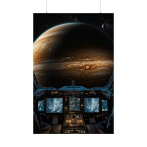 spaceship cockpit view of Jupiter and moons poster