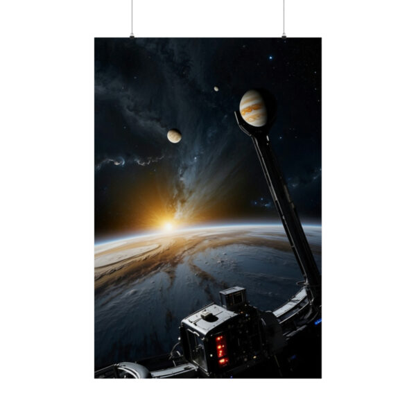 spaceship approaching Jupiter with moons and sun poster