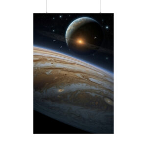 distant view of Jupiter and its moons poster