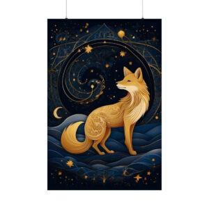 golden fox with swirling stars and crescent moon poster